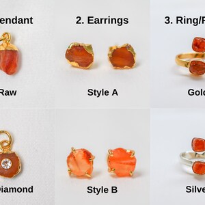 May include: A set of Carnelian gemstone jewelry featuring a pendant, earrings, and a ring. The pendant and earrings are available in two styles: raw and with a diamond accent. The ring is available in gold and silver finishes.