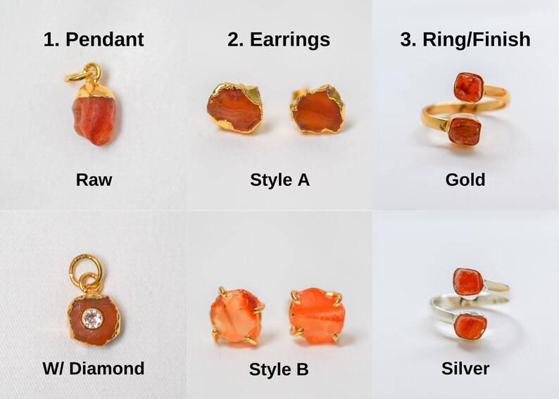 May include: A set of Carnelian gemstone jewelry featuring a pendant, earrings, and a ring. The pendant and earrings are available in two styles: raw and with a diamond accent. The ring is available in gold and silver finishes.