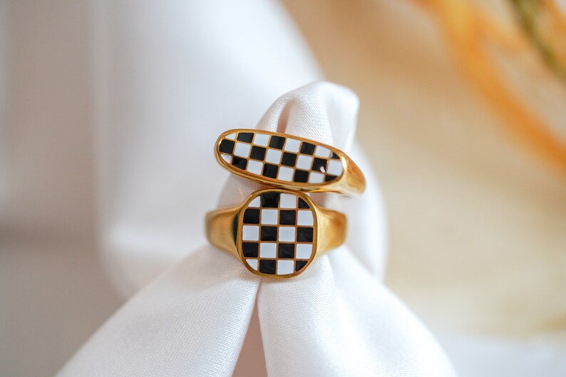 Checkered Ring, 18K Gold Plated Ring, Gold Dome Ring, Geometric Pattern ...