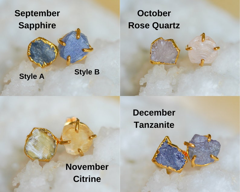 Four different gemstones for four different birth months. Dark blue Sapphire gemstone for September. Light pink Rose Quartz gemstone for October. Light yellow Citrine gemstone for November. Blue with purple undertone Tanzanite gemstone for December.