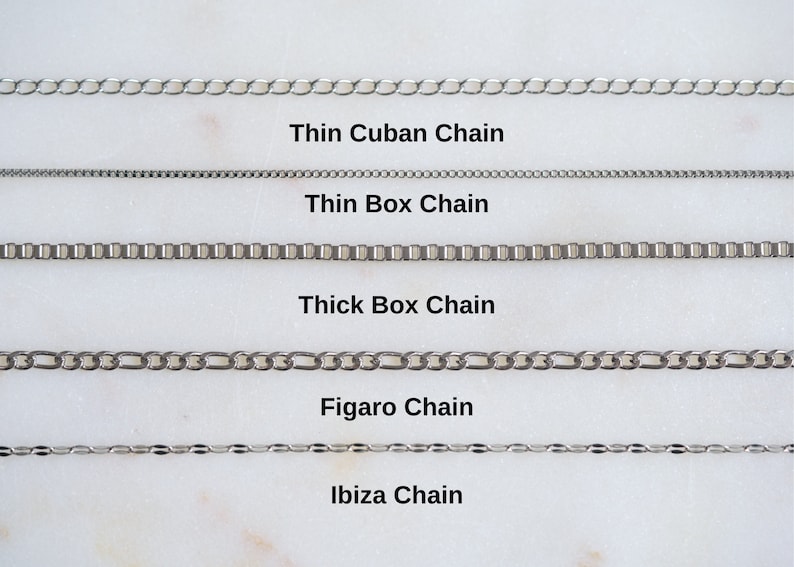 May include: Five different types of silver chains are displayed on a white background. The chains are labeled from top to bottom: Thin Cuban Chain, Thin Box Chain, Thick Box Chain, Figaro Chain, and Ibiza Chain.