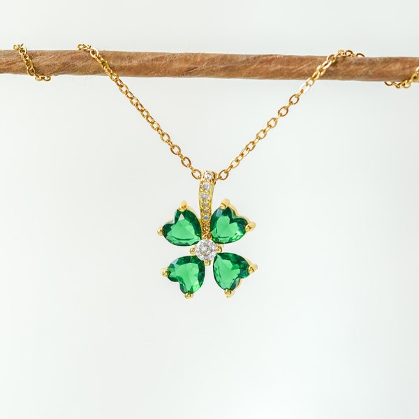 Four Leaf Clover Necklace, Shamrock Necklace, Dark Green Necklace, Crystal Necklace, Good Luck Necklace, Waterproof Necklace, Christmas Gift