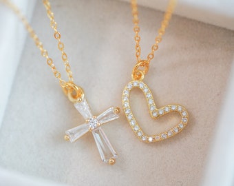 Sterling Silver Dainty Necklace, Gold Cross Necklace, Heart Necklace, Crystal Jewelry, Pendant Light, Summer Jewelry