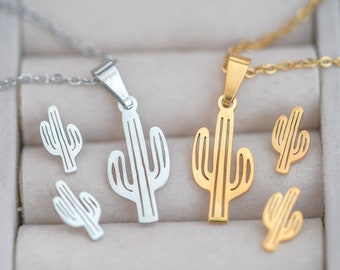 Cactus Necklace, Stainless Steel Necklace, Gold Cactus Necklace, Cactus Pendant Necklace, Plant Jewelry, Silver Cactus Set, Summer Jewelry,