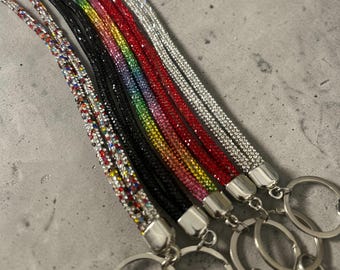 Portachiavi con cordino in strass, cinturino da polso in cristallo scintillante, portachiavi con ciondolo per borsa del telefono, regalo per donna, supporto in argento rosso arcobaleno