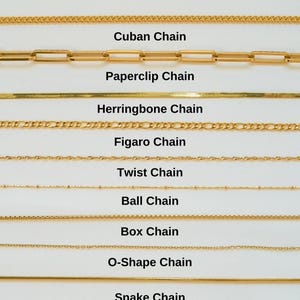May include: A visual guide to different types of gold chains, including Cuban, Paperclip, Herringbone, Figaro, Twist, Ball, Box, O-Shape, and Snake chains.