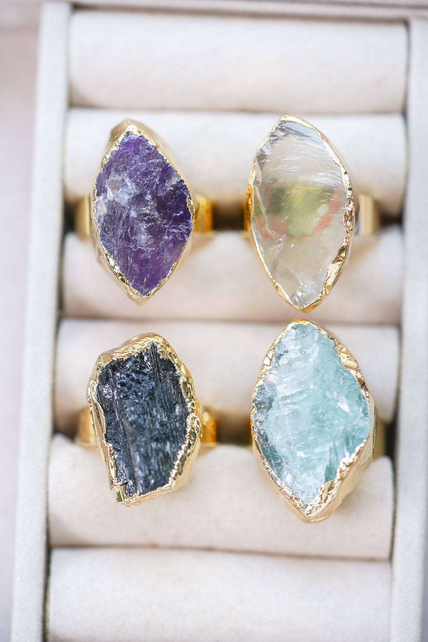 Raw Crystal Statement Rings | Amethyst, Clear Quartz, Black Tourmaline, Aquamarine | Adjustable Gold Plated Gemstone Rings, Christmas Gifts