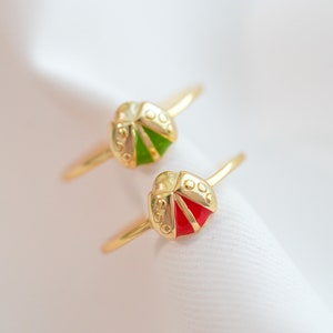 Sterling Silver Ring, Adjustable Ring, Gold Ladybug Ring, Ladybug Jewelry, Green Insect Ring, Bug Ring, Waterproof Dainty Ring, Christmas