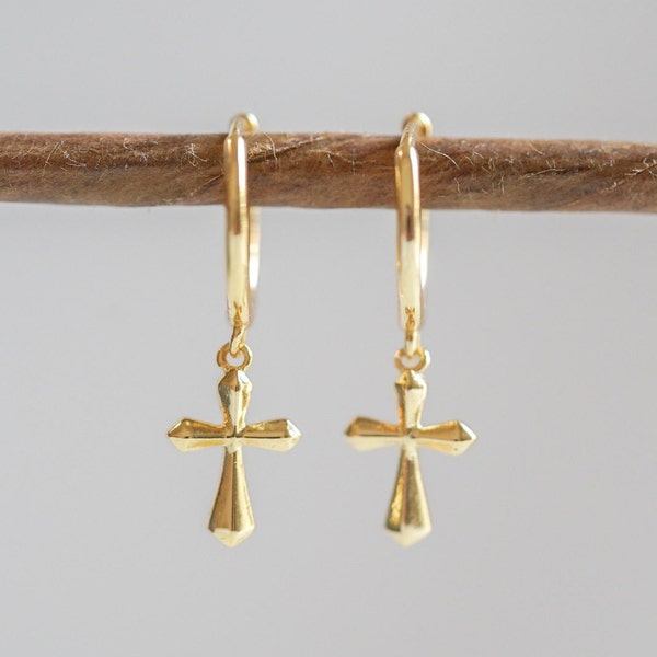 Cross Earrings, Sterling Silver Earrings, Gold Earrings, Silver Cross Earring, Gold Cross Earring, Cross Hoop Earrings, Men Cross Earrings