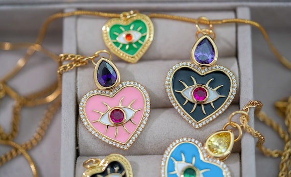 Evil Eye Necklace, Gold Necklace, Evil Eye Pendant, Evil Eye Jewelry, Turkish Evil Eye, Heart Necklace, Handmade Jewelry, Christmas Gifts