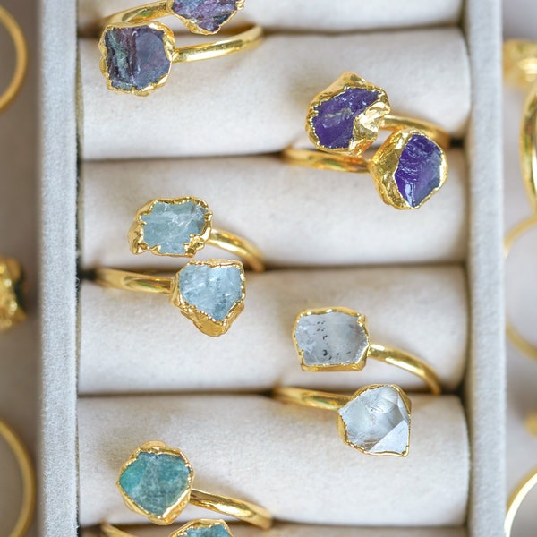 Gold Ring, Gemstone Ring, Raw Sapphire Ring, Raw Aquamarine Ring, Raw Peridot Ring, Raw Citrine Ring, Tanzanite Ring, Raw Crystal Ring
