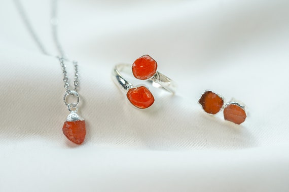 Carnelian Jewelry Set, Carnelian Necklace, Carnelian Ring, Carnelian Earrings, Earrings Set, Ring Set, Raw Crystal Jewelry, Christmas Gifts