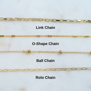 May include: Four gold chains on a white background. The chains are labeled from top to bottom: Link Chain, O-Shape Chain, Ball Chain, and Rolo Chain.