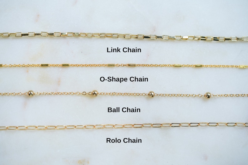 May include: Four gold chains on a white background. The chains are labeled from top to bottom: Link Chain, O-Shape Chain, Ball Chain, and Rolo Chain.