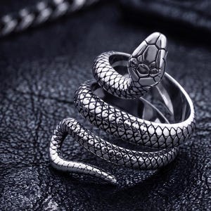 May include: A silver-toned metal ring shaped like a coiled snake. The ring features detailed, textured scales covering the entire body of the serpent, with the head positioned at the top and the tail curving gracefully around the band structure.