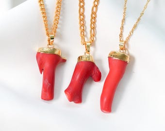 Red Coral Pendant Necklace, Natural Red Coral, Gold Pendant Necklace, Gold Statement Necklace, Unique Necklace, Gift For Her, Gift For Him