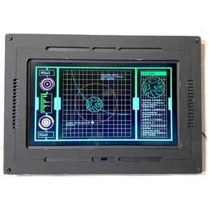May include: A black framed screen with a green and blue interface showing a radar screen with a planet in the center. The screen also shows a list of coordinates and other data.