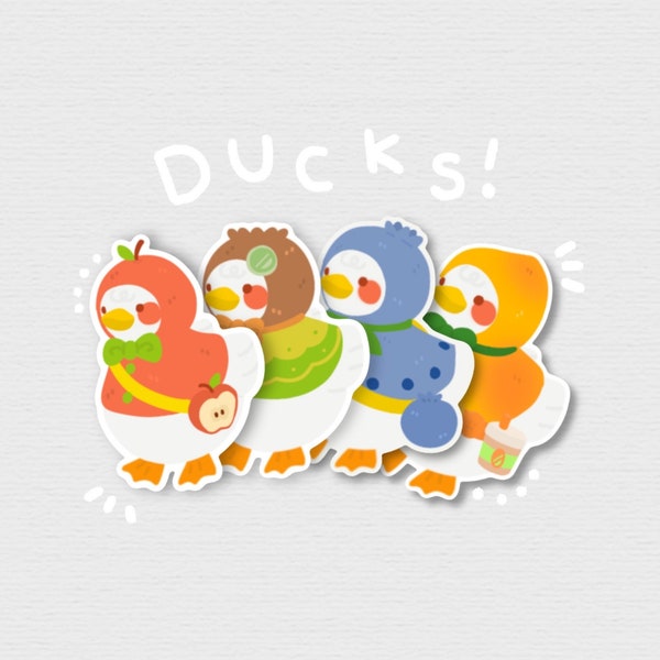 Cute Cottagecore ducks in fruit outfits / costumes Die Cut Waterproof Glossy Decal // Cute, Bottle, Laptop, Journal, Decor, Sketchbook, Art