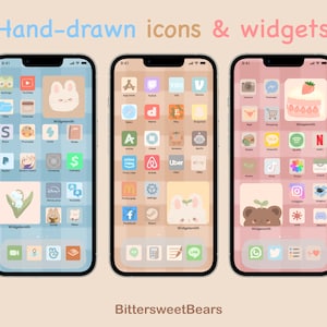 Cute Neutral/blue/pink Icons iOS IPAD & Android App Icons | Bear And Bunny Home Screen Set | Widgets | bittersweetbears