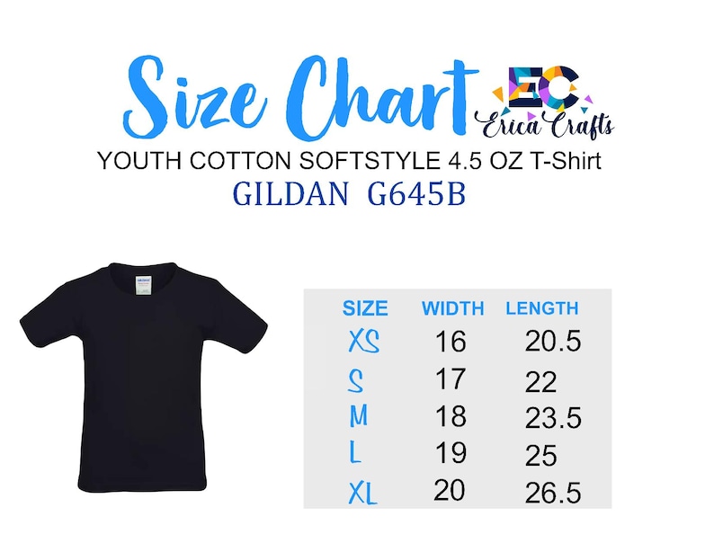 Pu&ograve; includere: T-shirt nero in cotone per ragazzi con tabella taglie. La tabella elenca le taglie XS a XL, con le corrispondenti misure di larghezza e lunghezza in centimetri. La maglietta &egrave; Gildan G645B.