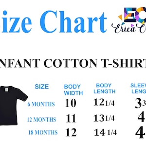 Pu&ograve; includere: Tabella delle taglie per t-shirt in cotone per neonati. La tabella include le misure di larghezza del corpo, lunghezza del corpo e lunghezza delle maniche per le taglie 6, 12 e 18 mesi. Una t-shirt nera &egrave; mostrata a sinistra.