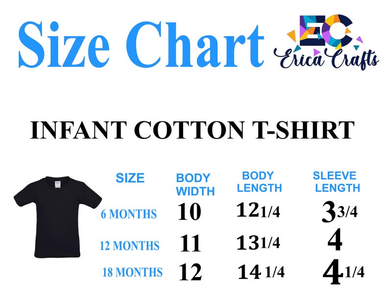 Pu&ograve; includere: Tabella delle taglie per t-shirt in cotone per neonati. La tabella include le misure di larghezza del corpo, lunghezza del corpo e lunghezza delle maniche per le taglie 6, 12 e 18 mesi. Una t-shirt nera &egrave; mostrata a sinistra.