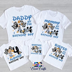 May include: White t-shirts with blue text and cartoon race car designs. The shirts read "Daddy of the Birthday Boy," "Mommy of the Birthday Boy," "Brother of the Birthday Boy," and "Sister of the Birthday Boy." One shirt says "Alonso Birthday Boy."