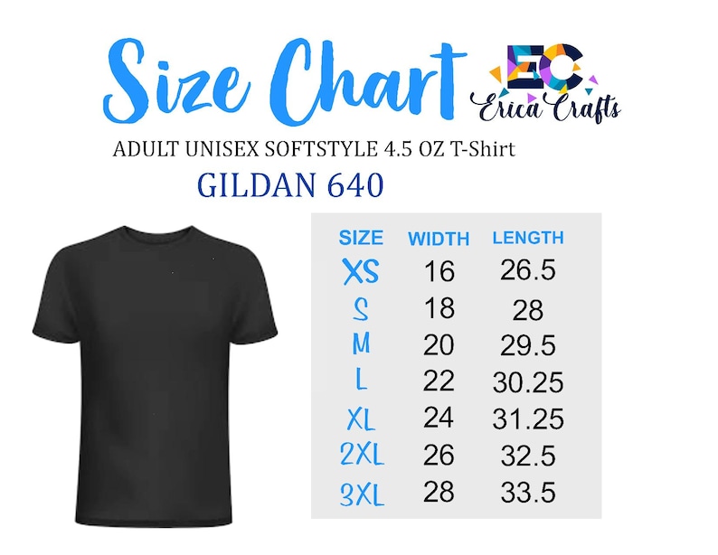 Pu&ograve; includere: Una maglietta nera unisex Gildan 640 per adulti con una tabella delle taglie. La tabella elenca le taglie XS-3XL, con le corrispondenti misure di larghezza e lunghezza in pollici. Il testo "Size Chart" &egrave; in blu.