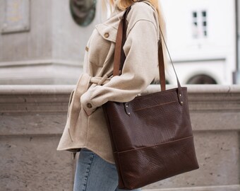 Élégant sac fourre-tout en cuir marron foncé : fait main avec du cuir de haute qualité et couture unique à la main