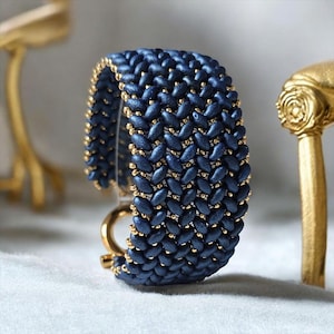 » Maya » Cuff Bracelet Dark Blue Super Duo Bead Weave and Miyuki Gold Seed Beads – Chevron Weave – Gold Stainless Steel T Clasp