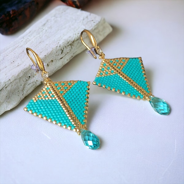 Triumvirate matte turquoise Miyuki pearl earrings, Purecrystal drop, pearl weaving, gold steel hook and zirconium oxide