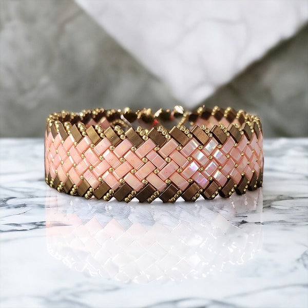 Bracelet tissé perles Half Tila Miyuki bronze, rose tea et rocaille Miyuki Gold, cadeau femme