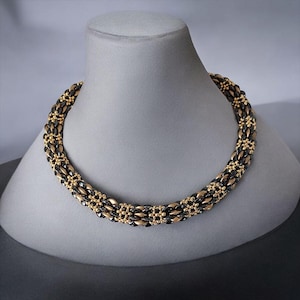 Infinity Choker Necklace Miyuki Gold Bead Weave – Czech Glass Beads – Black Crystal – Gold Stainless Steel Clasp – Gift
