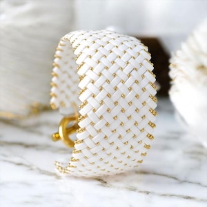 Miyuki Half Tila beaded cuff bracelet in matte white and gold seed beads – T clasp – Women&#39;s gift