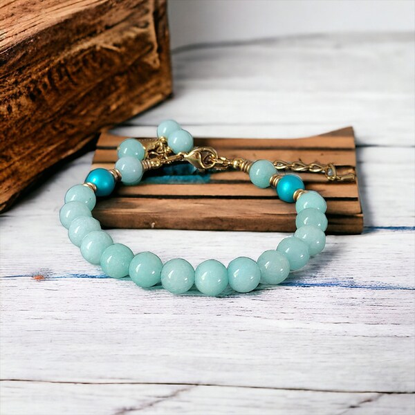 Bracelet Inaya en pierre de gemme Amazonite, perle en verre, breloque cœur, chaînette d’extension en acier inoxydable doré, cadeau femme