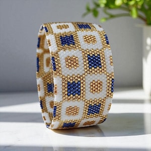Cuff Bracelet » Geometric » Miyuki bead weaving: Blue, white, gold – Adjustable – Women’s gift