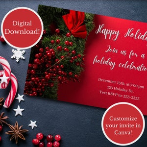 Holiday Party Invitation | Template | Digital Download | Fully Editable in Canva | Christmas Party Invite | Christmas Card | Holiday Card