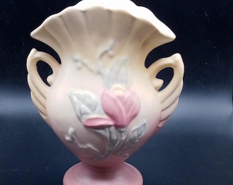 Hull Pottery, Magnolia, Scalloped Rim, Winged Handled, Yellow and Pink Vase