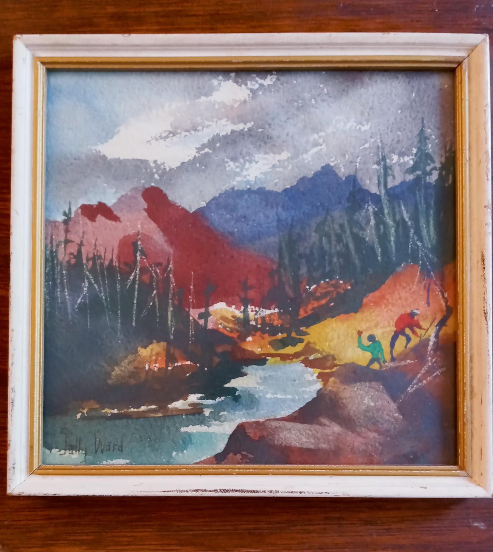 Colorful, Sally Ward (1909-2010), Noted Artist, Small Landscape Watercolor "Red Rock Creek"  Mid Century, Artist Framed, Original