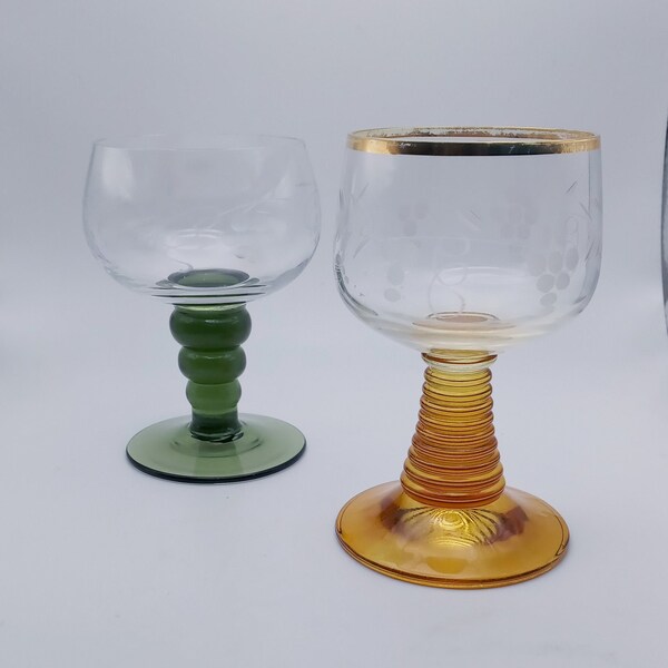 Unusual Roemer Bee Hive/Trunk Stemmed Wine Glasses, Amber and Green Paneled Glass