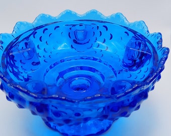 Striking Blue Fenton Hobnail Glass Centerpiece, Console Bowl, Multiple Candles and Floral