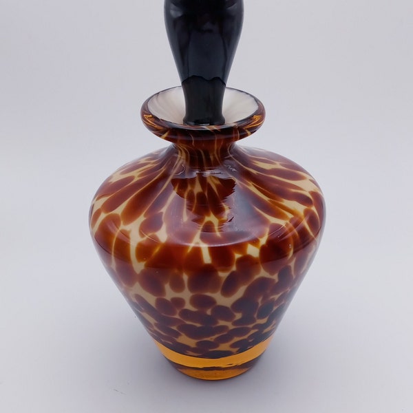 Tortoise Shell Blown Glass Perfume Bottle, Black Stopper, Murano Style