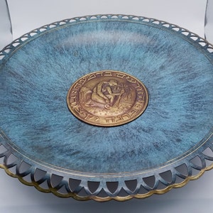 Pal Bell Footed Bowl with Insert of Ruth Gleaning, Brass and Verdigris, Maurice Ascalon, 1950s, Israel, Israeli Art Bowl