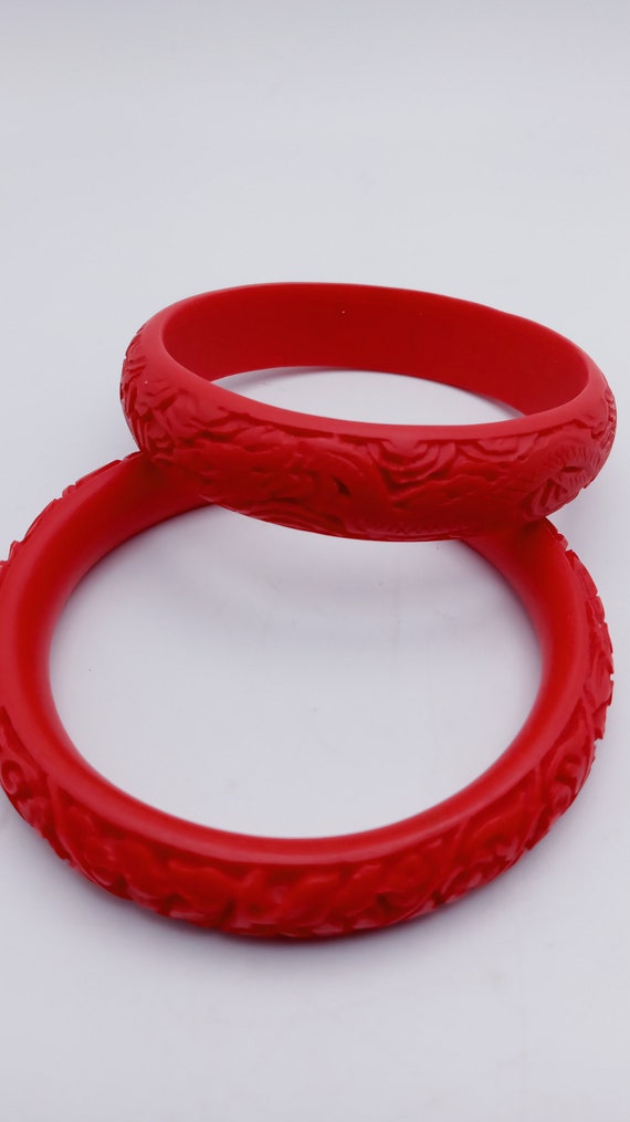 Red Carved Chinese Floral and Dragon Bangle Bracel