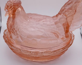 Hen On Nest, Extra Large Size, Pink, Split Tail, Eggs, Woven Basket, Has Chips, Please look at photos!