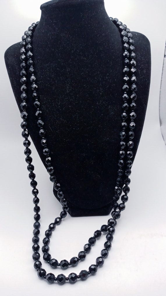 Double Strand, Faceted Black Glass Bead, Long Neck
