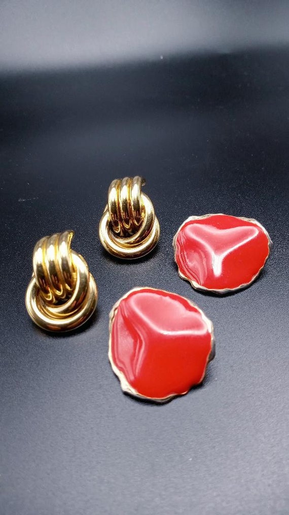 Vintage Gold Tone Love Knot and Red Enamel Earrin… - image 1
