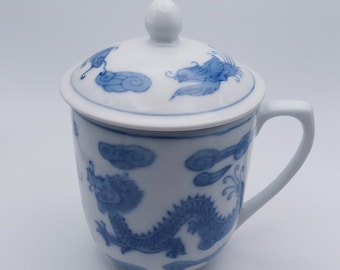 Year of the Dragon, Blue and White Lidded Tea Cup, Dragon and Phoenix