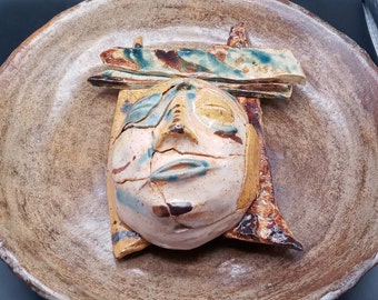 Studio Pottery Multi Layered Plate with Face, Abstract Art Plaque, 3 Dimensional Marked Mg