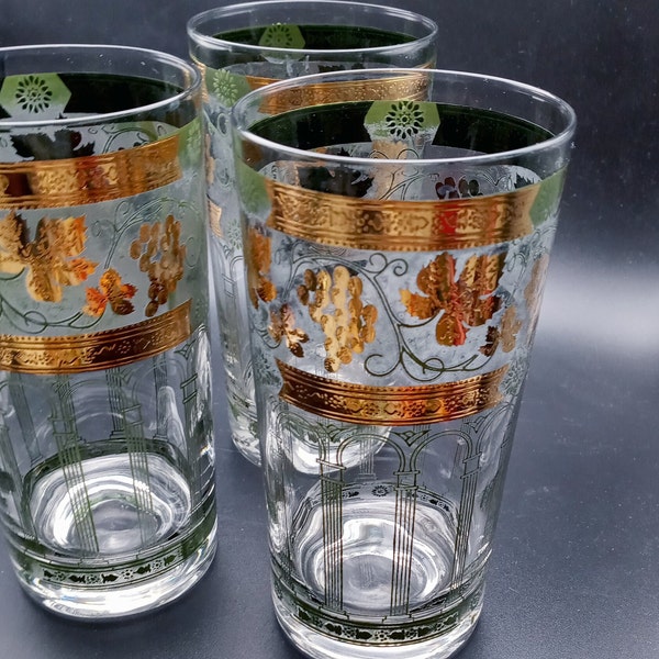 1960s Cera Golden Grape and Roman Arch Highball, Drinking Glasses Replacement Pieces, set of 3